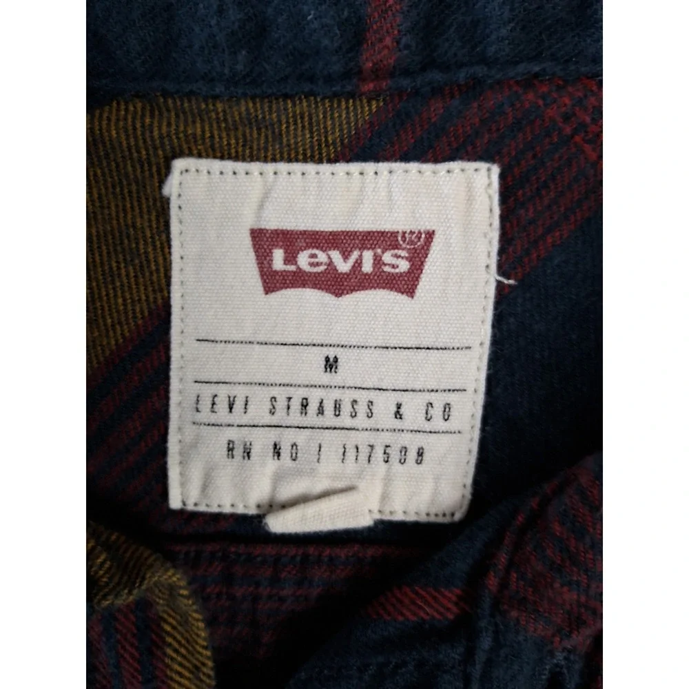 Levis Shirt Mens Medium‎ Red Orane Button Madras Plaid Flannel Long Sleeve